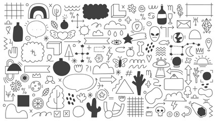 Wall Mural - Doodle outline elements. Abstract doodle sketches, decorative frames, arrows and ribbons. Hand drawn doodle shapes vector illustration set