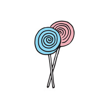 Lollipop Icon On White Background. Couple Lollipops Vector Illustration. Blue And Pink, Black Outline. Hand Drawn Vector. Doodle Art For Kids, Logo, Label, Poster, Advertising, Banner, Card. 