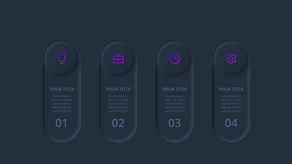 Dark neumorphic element for infographic. Template for diagram, graph, presentation and chart. Skeuomorph concept with 4 options, parts, steps or processes