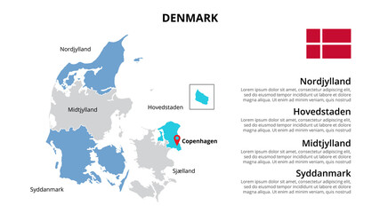  Denmark vector map infographic template divided by countries. Slide presentation