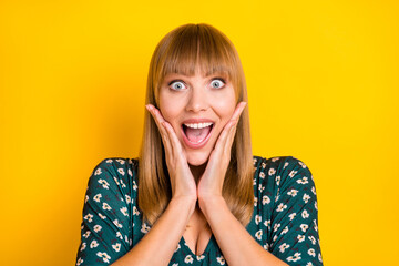 Poster - Photo of young excited girl happy positive amazed shocked surprised news sale hands touch cheeks isolated over yellow color background