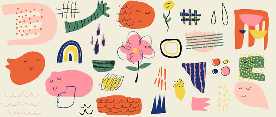 abstract art background vector. creative hand drawn various shapes and doodle object elements for ki