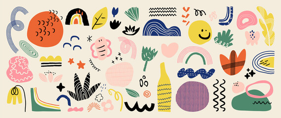 Abstract art background vector. Creative Hand drawn various shapes and doodle object elements for kids and school cover, abstract wall art for home decor,earth tone wallpaper,prints and pattern design