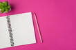 Top view photo of workplace with plant pencil and open organizer on isolated pink background with copyspace