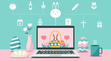 Happy Easter Day Via Online On Laptop Computer At Home Concept With Icon, Vector Flat Illustration