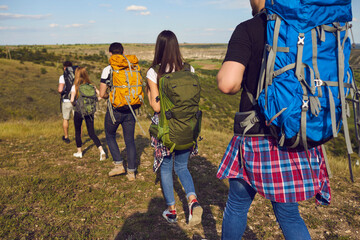 Wall Mural - group of young travelers hikers hiking with backpacks in row on nature together during summer vacati