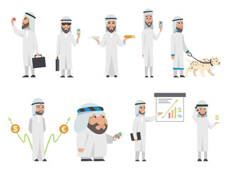 Successful Arab man in white clothes.  cartoon smiling Islamic businessman dressed in traditional clothes.  man with charts, animal, bag, smartphone, gold-silver, diamond, dollar, euro