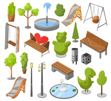 Set Of Objects City Park With Architecture, Landscape Garden Isometric . Trees, Fences, Monuments, Fountain, Pond, Swan Lake, Children Playground, Recreation Park, City Constructor