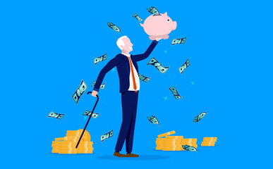 Wall Mural - Save money for retirement - Old senior man with piggy bank savings enjoying a wealthy pension. Vector illustration.