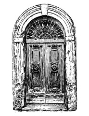 Freehand drawing of ornate old wooden door in ancient building