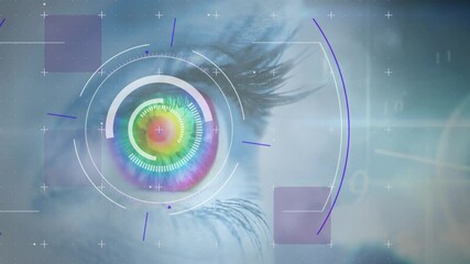 Wall Mural - Round scanner and spots of light against close up of female eye