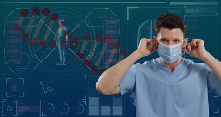 Sticker - Portrait of caucasian male surgeon adjusting his face mask against medical data processing