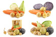 collection of many fresh winter vegetables and some in a wooden crate on a white background