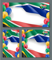 Wall Mural - South Africa banners in national flag colors set. Independence, Reconciliation, Freedom Day Celebration poster, card with space for text and inflatable balloons realistic vector illustration