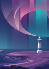 Wall Mural - lighthouse by the sea. seascape with aurora borealis in vertical orientation.