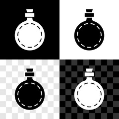 Poster - Set Canteen water bottle icon isolated on black and white, transparent background. Tourist flask icon. Jar of water use in the campaign. Vector