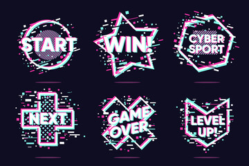 Wall Mural - Video game vector icons. Glitch style lable set. Cyberpunk vector elements. Hologram UI