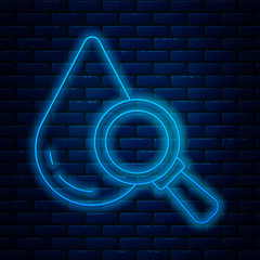 Canvas Print - Glowing neon line Drop and magnifying glass icon isolated on brick wall background. Vector