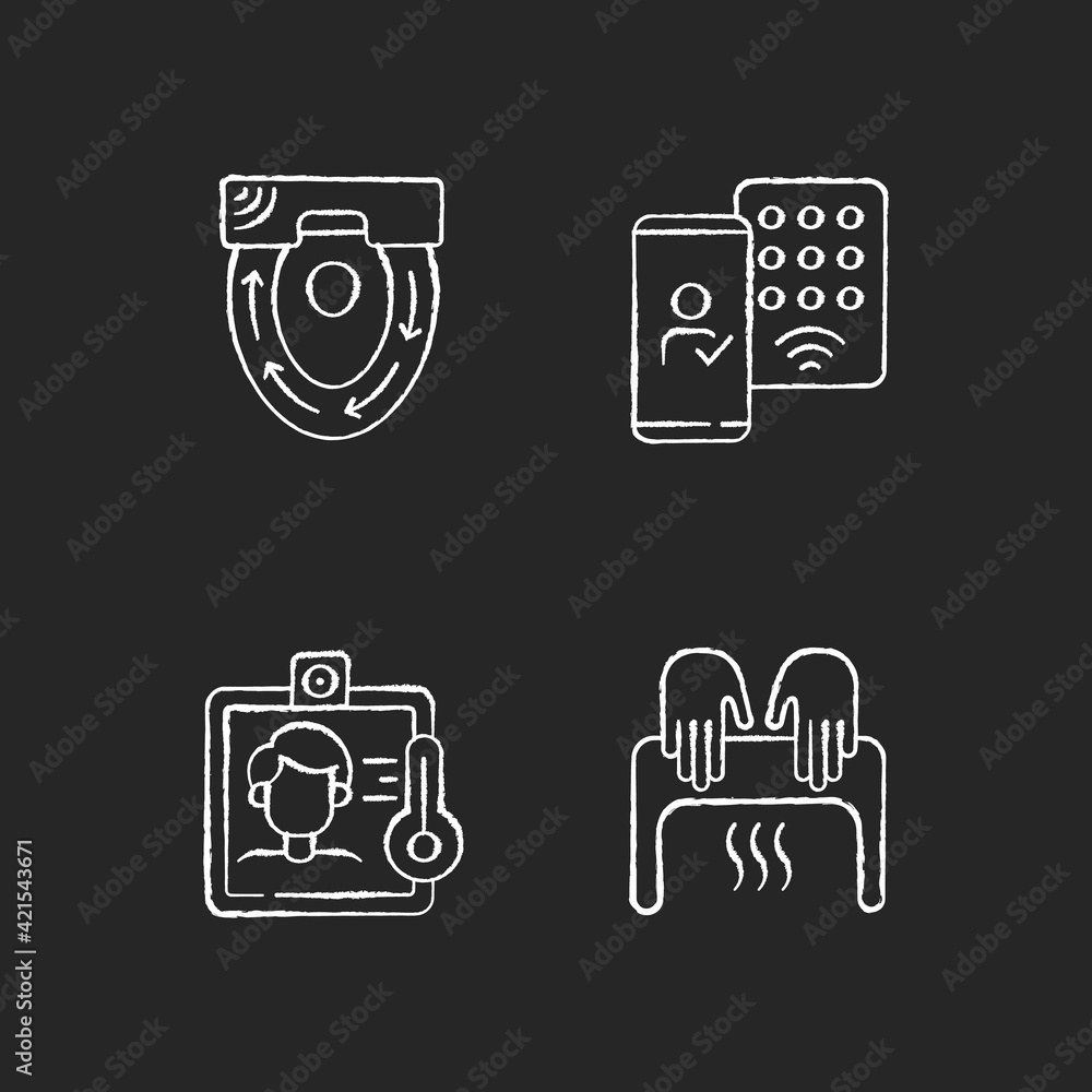 Contactless technology chalk white icons set on black background. Special automatic toilet seat cover. Detecting mobile credentials to authenticate. Isolated vector chalkboard illustrations
