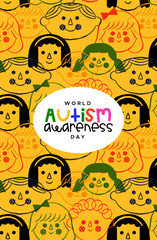 Wall Mural - Autism Awareness Day children face cartoon card