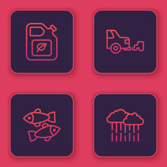 Sticker - Set line Bio fuel canister, Dead fish, Car exhaust and Cloud with rain. Blue square button. Vector