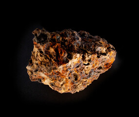 Swamp bog iron ore mineral from Belarus isolated on black. For geology mineralogy magazines websites article, Natural Science museum wall charts and posters etc