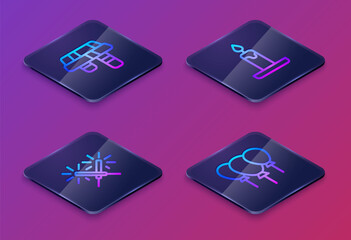 Sticker - Set Isometric line Winter scarf, Sparkler firework, Burning candle and Balloons with ribbon. Blue square button. Vector