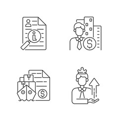 Poster - Brokerage linear icons set. Information broker. Corporate specialist on finance and commercial service. Customizable thin line contour symbols. Isolated vector outline illustrations. Editable stroke