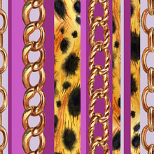 Seamless Pattern Of Stripes, Leopard Skins And Chains On A Purple Background, Print Based On Watercolor Illustration For Fabric, Wallpaper And Other Designs.