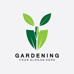 Gardening logo with shovel icon and tree with green leaves logo template.