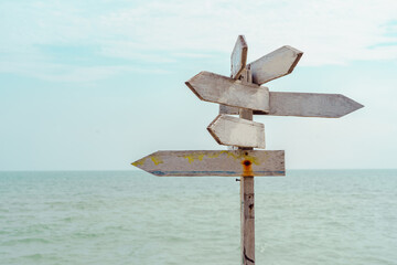 Wooden blank sign white color with sea and blue sky.