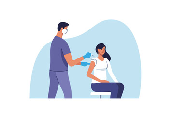 Wall Mural - Coronavirus vaccination. Woman getting vaccinated against Covid-19 in hospital. Doctor giving Corona virus vaccine injection injecting patient. Vector illustration.