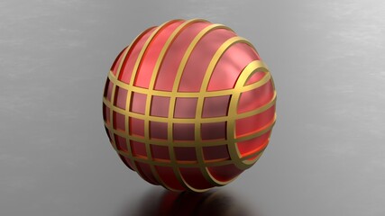 3d render abstract figure red glass sphere with gold ball