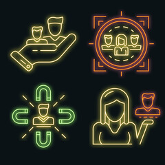 Canvas Print - Customer retention icon set. Outline set of customer retention vector icons neon color on black