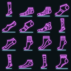 Wall Mural - Sock icon set. Outline set of sock vector icons neon color on black