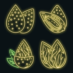 Canvas Print - Almond icon set. Outline set of almond vector icons neon color on black