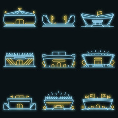Wall Mural - Arena icon set. Outline set of arena vector icons neon color on black
