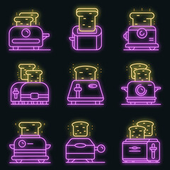 Sticker - Toaster icons set. Outline set of toaster vector icons neon color on black
