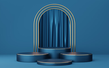 Wall Mural - 4 Empty blue cylinder podium with gold border on blue arch and curtain background. Abstract minimal studio 3d geometric shape object. Mockup space for display of product design. 3d rendering.