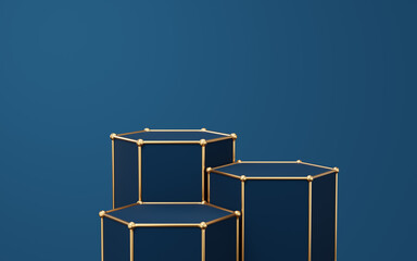 Wall Mural - 3 Empty blue hexagon podium with gold border floating on dark blue background. Abstract minimal studio 3d geometric shape object. Pedestal mockup space for display of product design. 3d rendering.