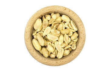 Wall Mural - Salted peanuts in wooden bowl isolated on white background top view