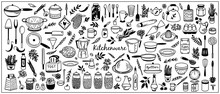 Kitchenware Vector Set. Tool And Ware Collection. Hand Drawn, Doodle Cooking Icons. Cookware Elements. Template, Banner For Design, Menu, Restaurant, Cafe, Bakery, Wallpaper, Recipe Card, Cookbook. 