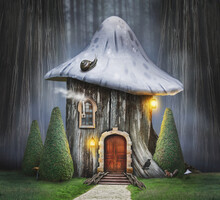 Fairy Tree House With Mushroom Hat In Fantasy Forest