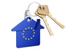 © natatravel - Real estate in the European Union. Home keychain with the EU flag. Property, rent or mortgage concept. 3D rendering