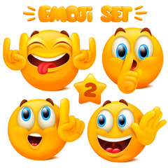 Wall Mural - Collection of yellow emoji icons Emoticon cartoon character with different facial expressions in 3d style isolated in white background. Part 2