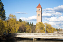 WA, Spokane, Riverfront Park, The Clock Tower By The Spokane River