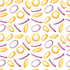 Seamless pattern fried onion rings tasty snacks for beer fast food vector illustration on white background