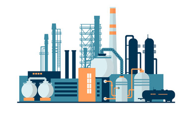 Wall Mural - Set of industrial factory and plant buildings isolated on white background. Іcons set colorful illustration in flat style