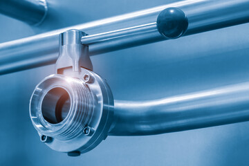 Poster - Stainless steel pipes in the factory. Construction on food production, Abstract industry background.