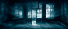 Dark Scary Fantasy Room With Windows And Doors. Big Moon, Night Sky View, Rays Of Moonlight. Old Concrete Walls And Old Windows. Reflection Of Light On The Floor, Neon Light. 3D Illustration. 